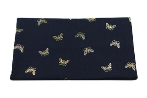 Double gaze coton - papillons dorés - bleu marine foncé