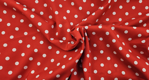 Silky fabric, silki - red dots white